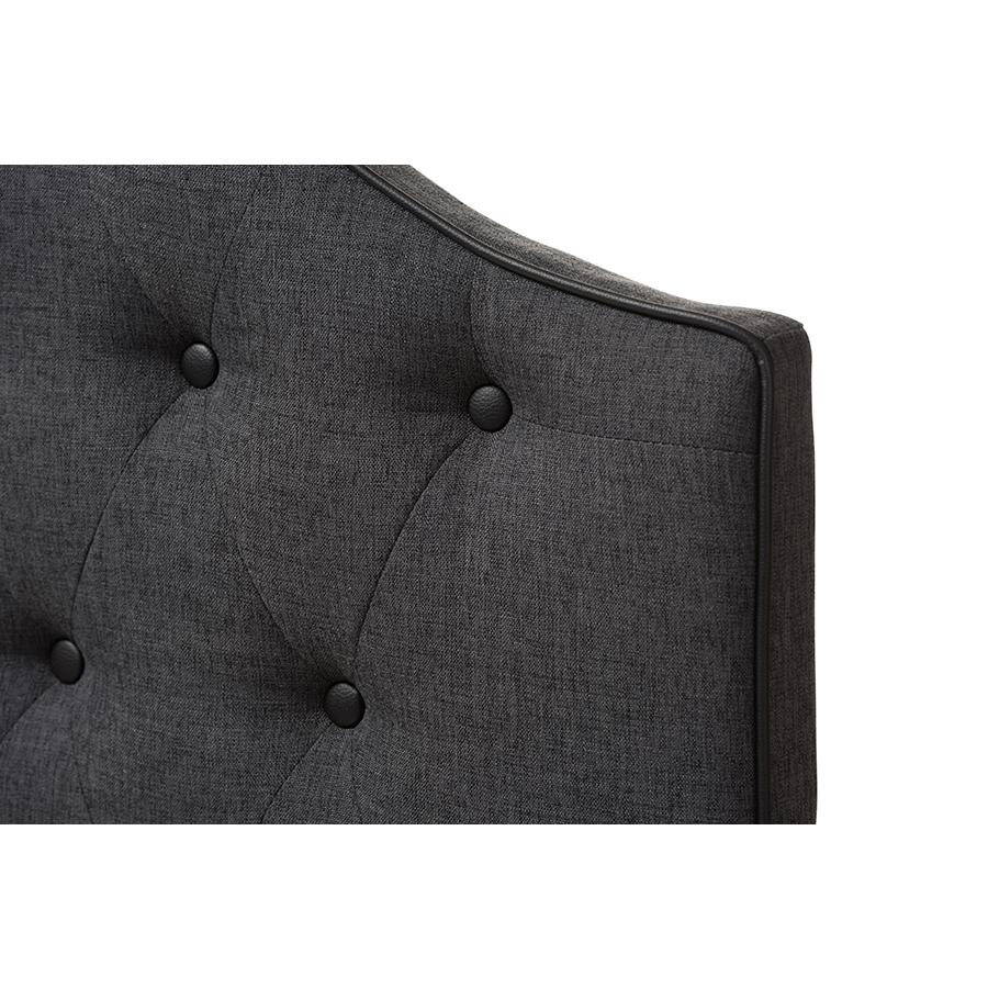 Dark Grey Fabric Upholstered Scalloped Buttoned Queen Size Headboard. Picture 3