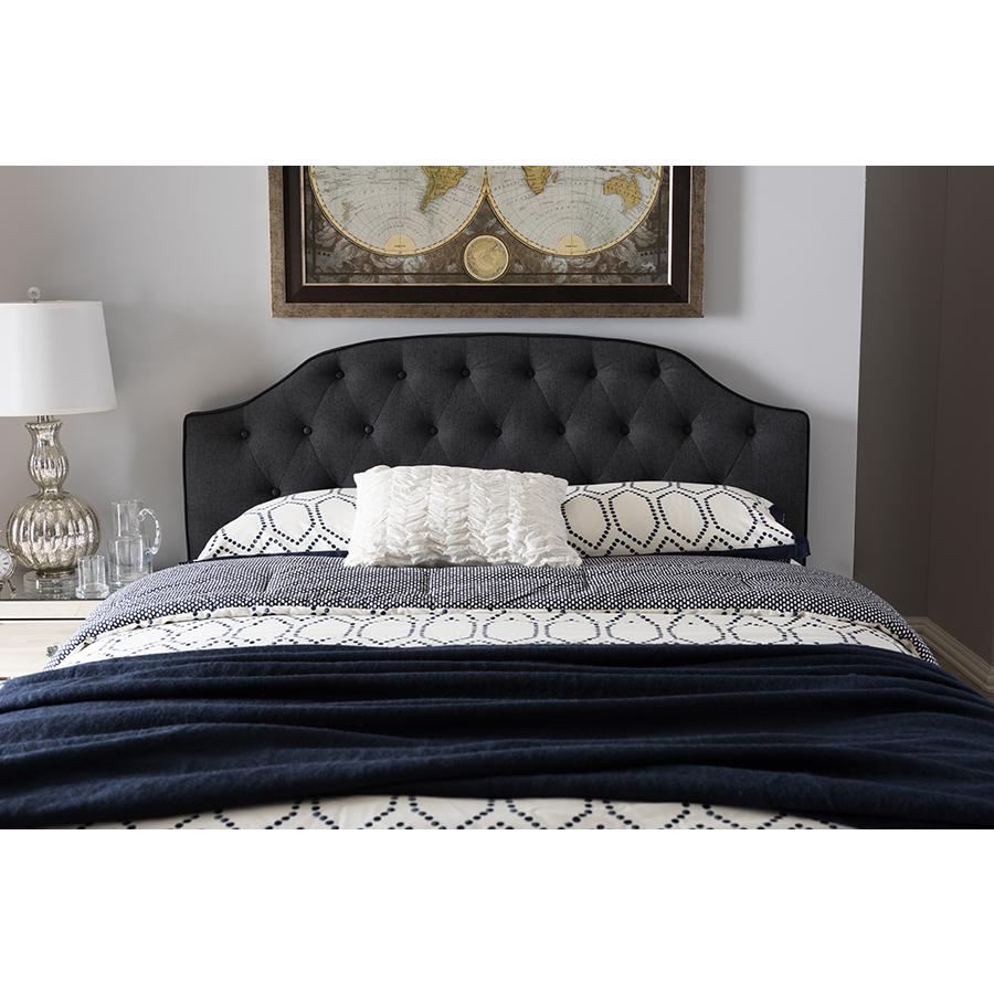Dark Grey Fabric Upholstered Scalloped Buttoned Queen Size Headboard. Picture 4