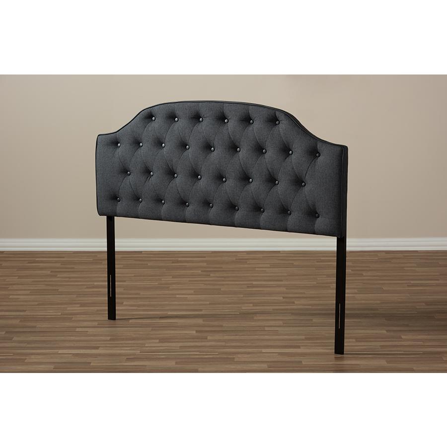 Dark Grey Fabric Upholstered Scalloped Buttoned Queen Size Headboard. Picture 5