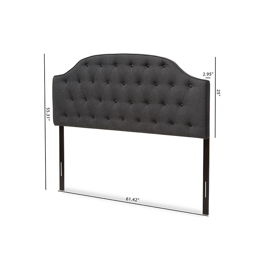 Dark Grey Fabric Upholstered Scalloped Buttoned Queen Size Headboard. Picture 6