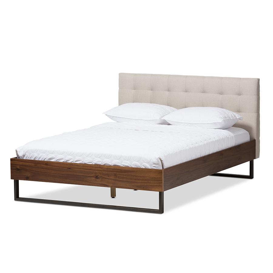 Mitchell Rustic Industrial Walnut Wood Beige Fabric Dark Bronze Metal King Size Platform Bed. Picture 1