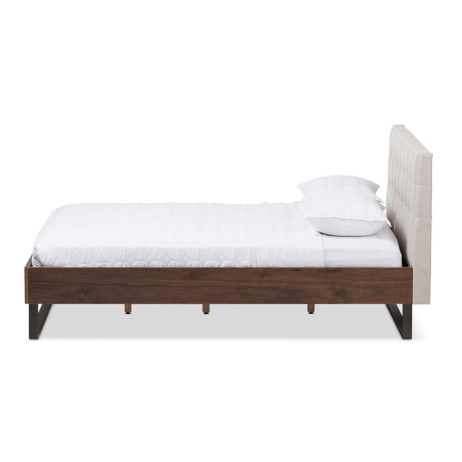 Mitchell Rustic Industrial Walnut Wood Beige Fabric Dark Bronze Metal King Size Platform Bed. Picture 2