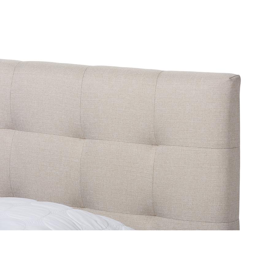 Mitchell Rustic Industrial Walnut Wood Beige Fabric Dark Bronze Metal King Size Platform Bed. Picture 4