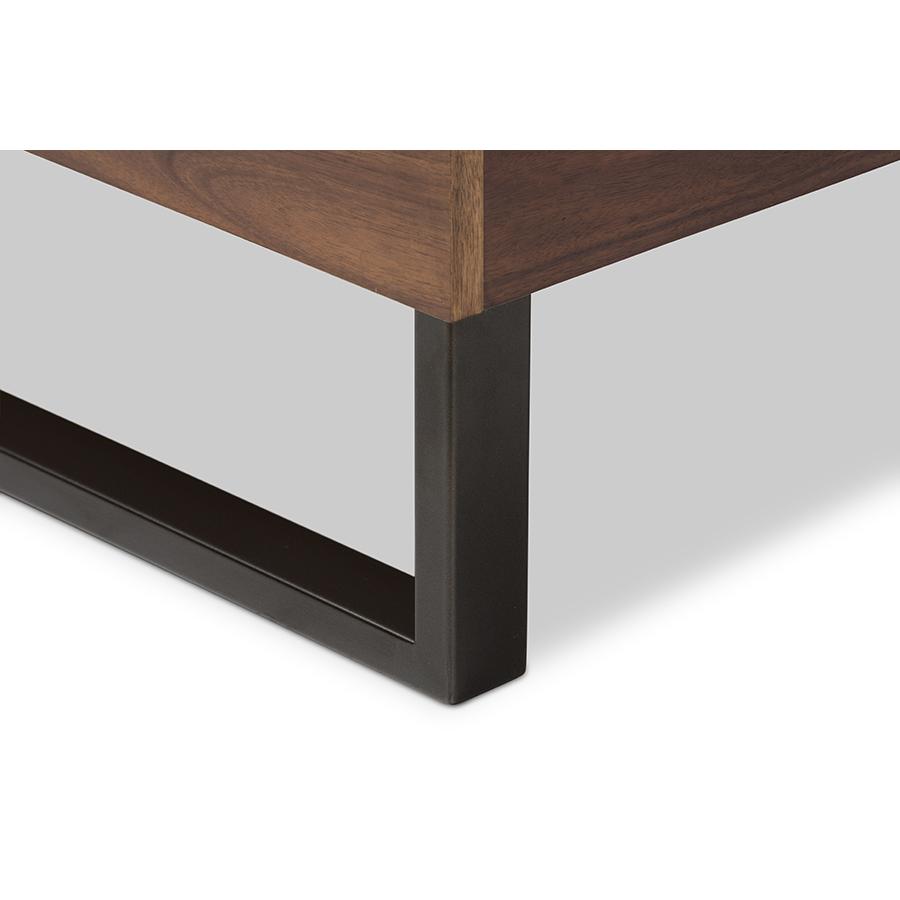Mitchell Rustic Industrial Walnut Wood Beige Fabric Dark Bronze Metal King Size Platform Bed. Picture 5