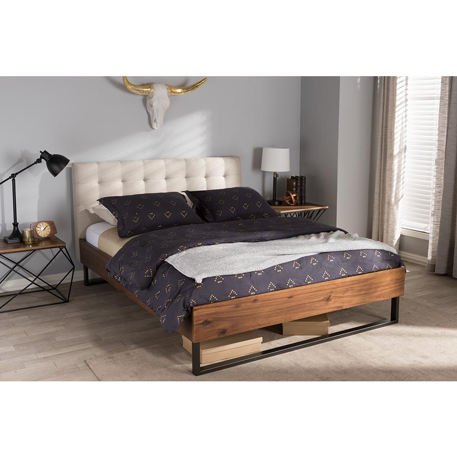 Mitchell Rustic Industrial Walnut Wood Beige Fabric Dark Bronze Metal King Size Platform Bed. Picture 6