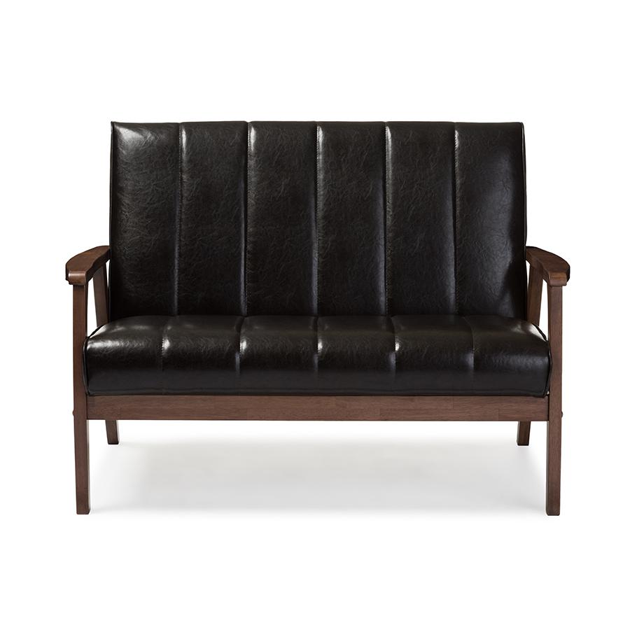Nikko Mid-century Modern Scandinavian Style Dark Brown Faux Leather Wooden 2-Seater Loveseat. Picture 1