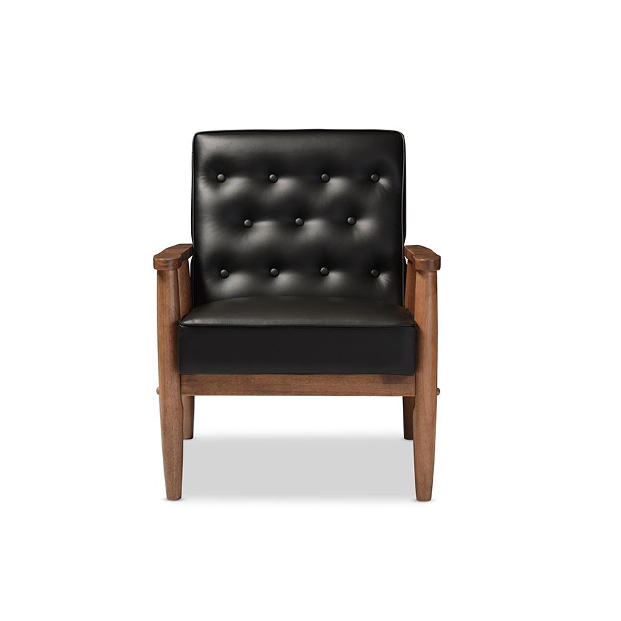 Mid-century Retro Modern Black Faux Leather Upholstered Wooden Lounge Chair. Picture 5