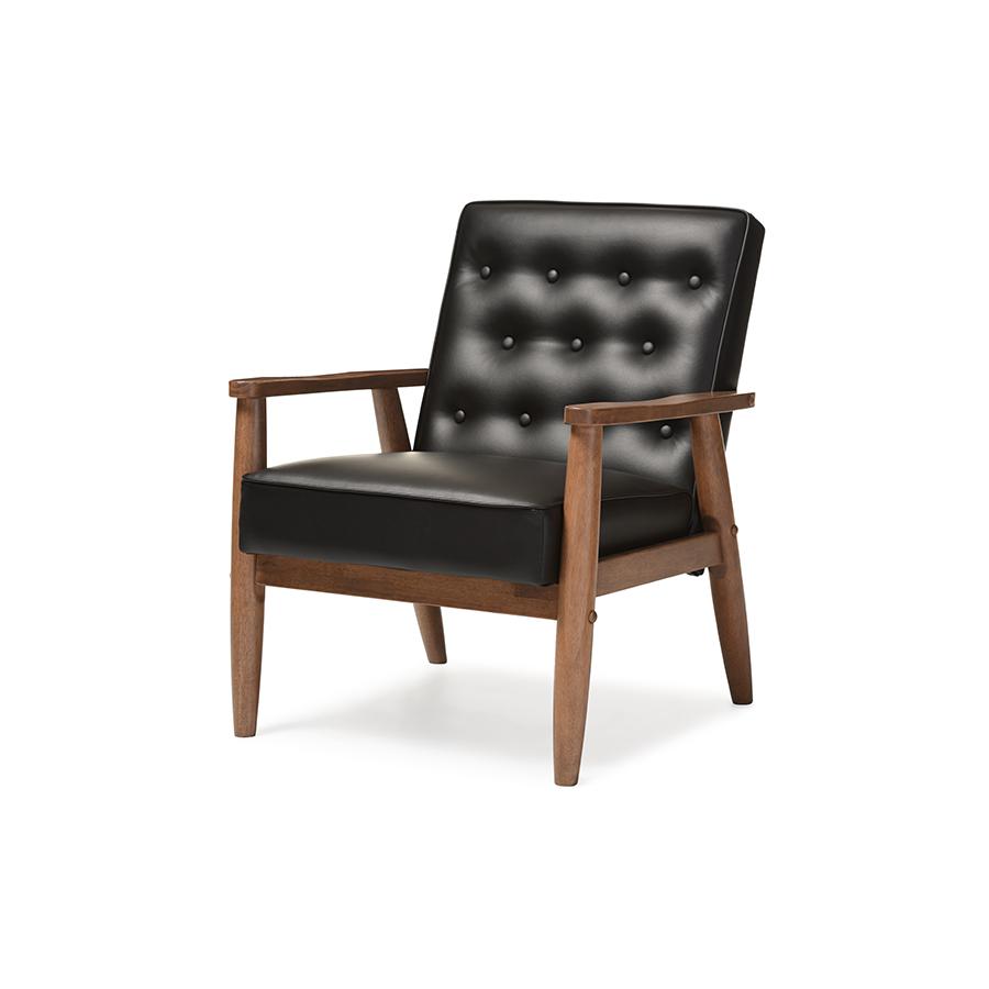 Mid-century Retro Modern Black Faux Leather Upholstered Wooden Lounge Chair. Picture 1
