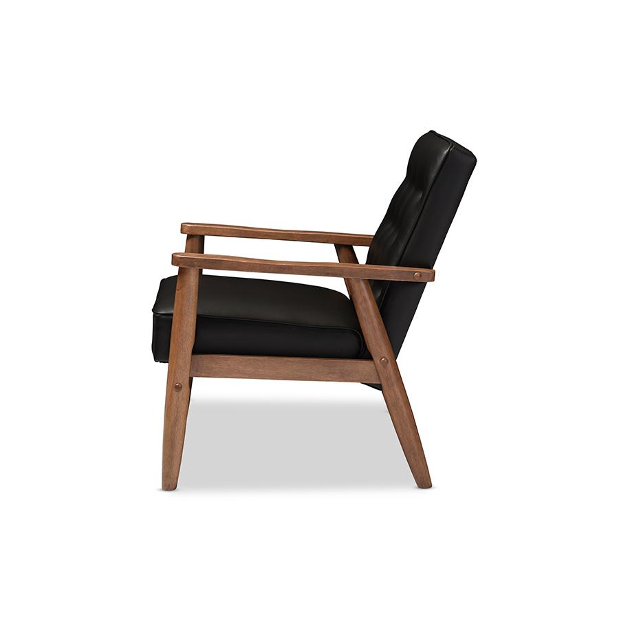 Mid-century Retro Modern Black Faux Leather Upholstered Wooden Lounge Chair. Picture 2