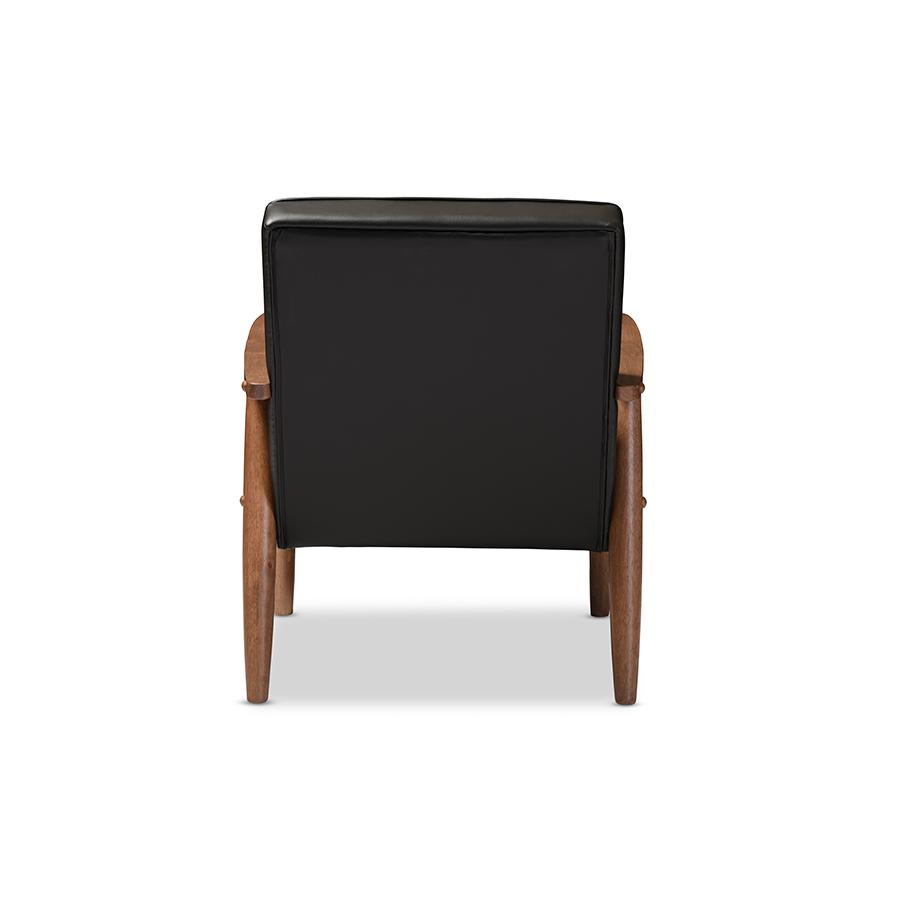 Mid-century Retro Modern Black Faux Leather Upholstered Wooden Lounge Chair. Picture 3