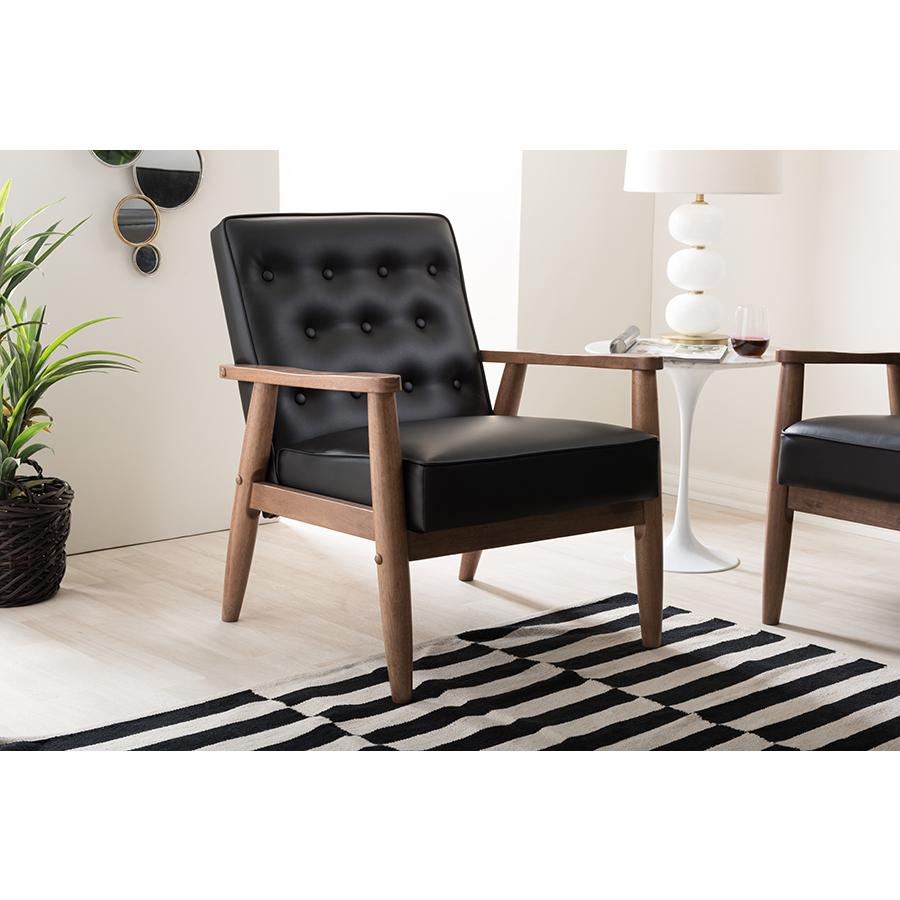 Mid-century Retro Modern Black Faux Leather Upholstered Wooden Lounge Chair. Picture 4