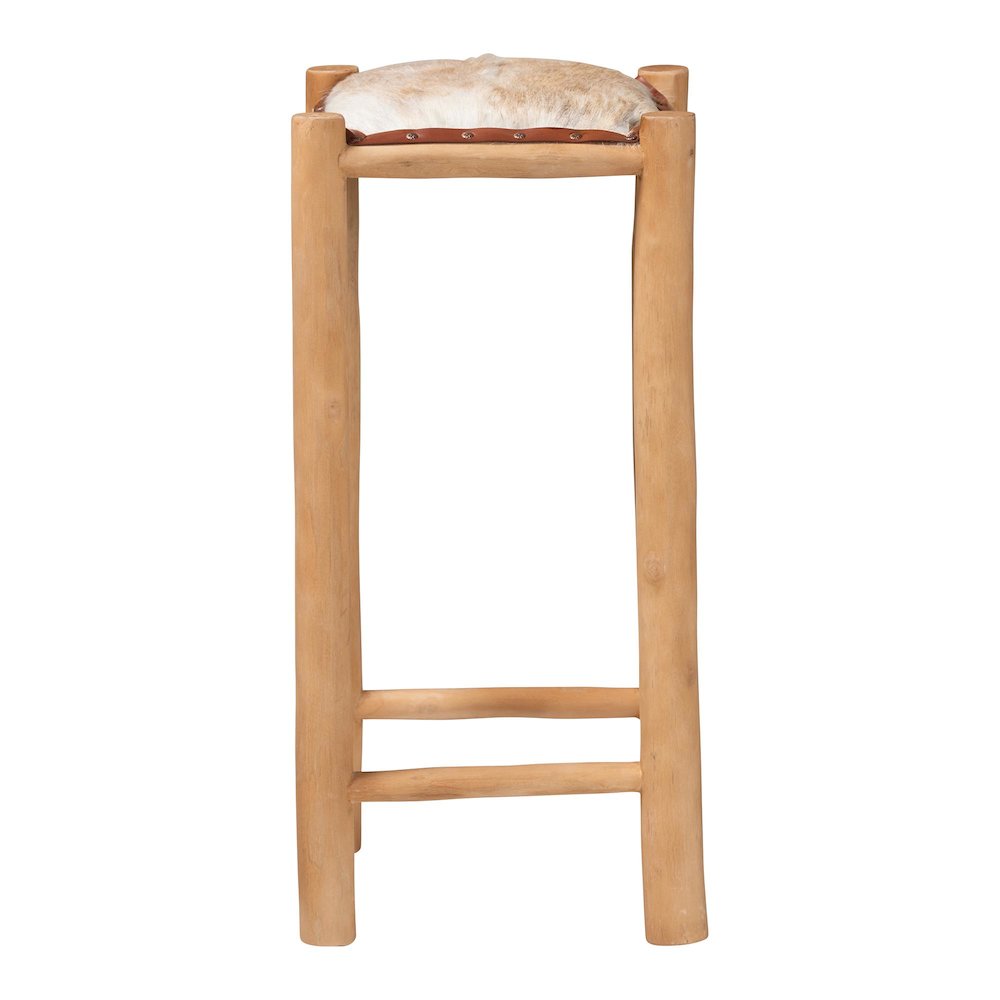 Rivera Genuine Goat Leather Bar Stool - Rustic Boho Seating with Teak Wood. Picture 2