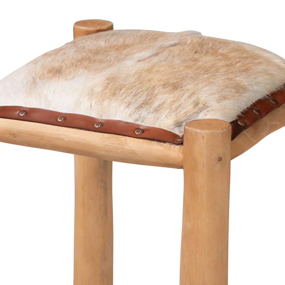 Rivera Genuine Goat Leather Bar Stool - Rustic Boho Seating with Teak Wood. Picture 3