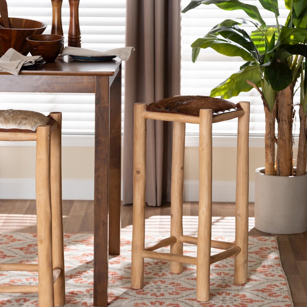 Rivera Genuine Goat Leather Bar Stool - Rustic Boho Seating with Teak Wood. Picture 7