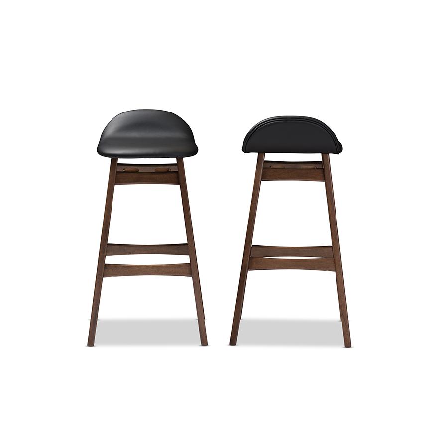 Bloom Mid-century Retro Modern Scandinavian Style Black Faux Leather Upholstered Walnut Wood Finishing 30-Inches Bar Stool. Picture 1
