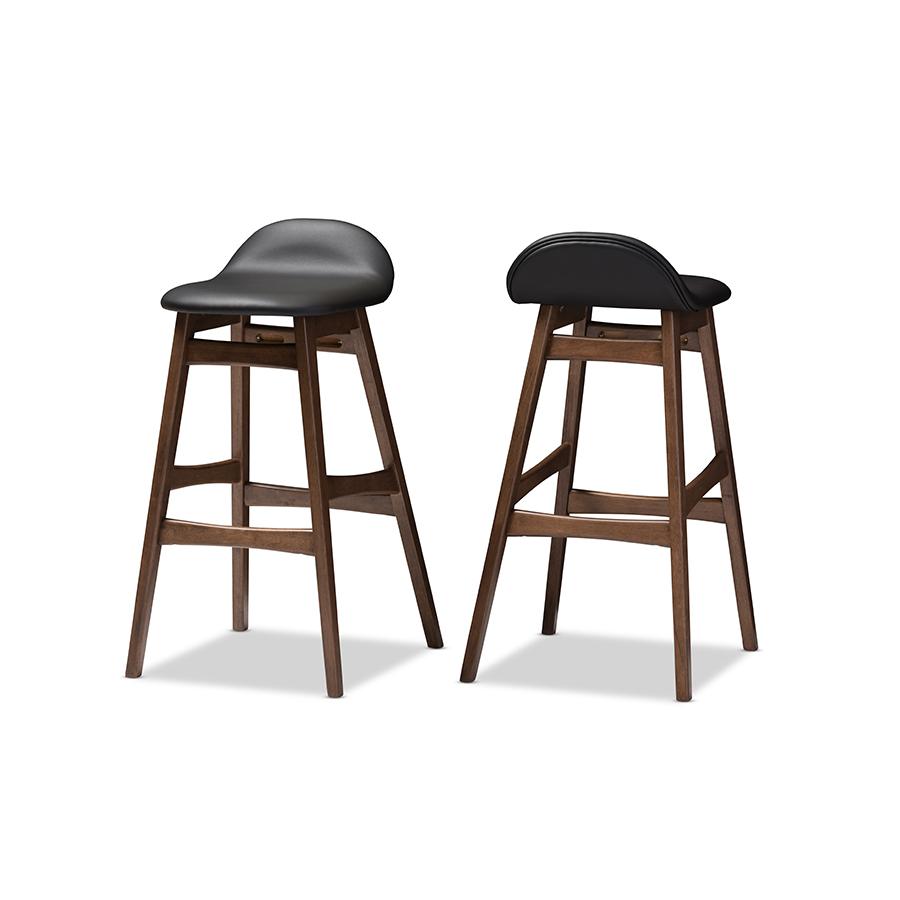 Bloom Mid-century Retro Modern Scandinavian Style Black Faux Leather Upholstered Walnut Wood Finishing 30-Inches Bar Stool. Picture 2