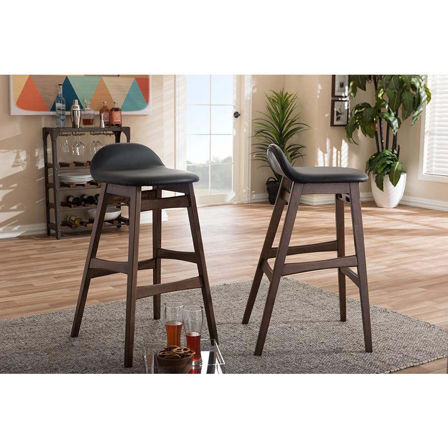 Bloom Mid-century Retro Modern Scandinavian Style Black Faux Leather Upholstered Walnut Wood Finishing 30-Inches Bar Stool. Picture 4