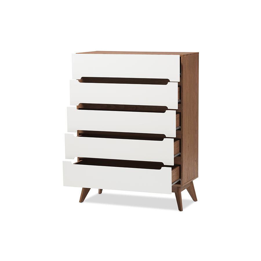 Calypso Mid-Century Modern White and Walnut Wood 5-Drawer Storage Chest. Picture 2
