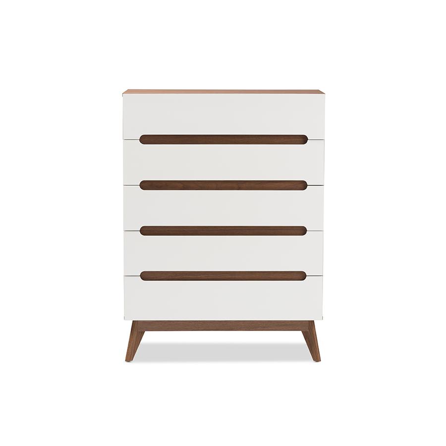 Calypso Mid-Century Modern White and Walnut Wood 5-Drawer Storage Chest. Picture 3