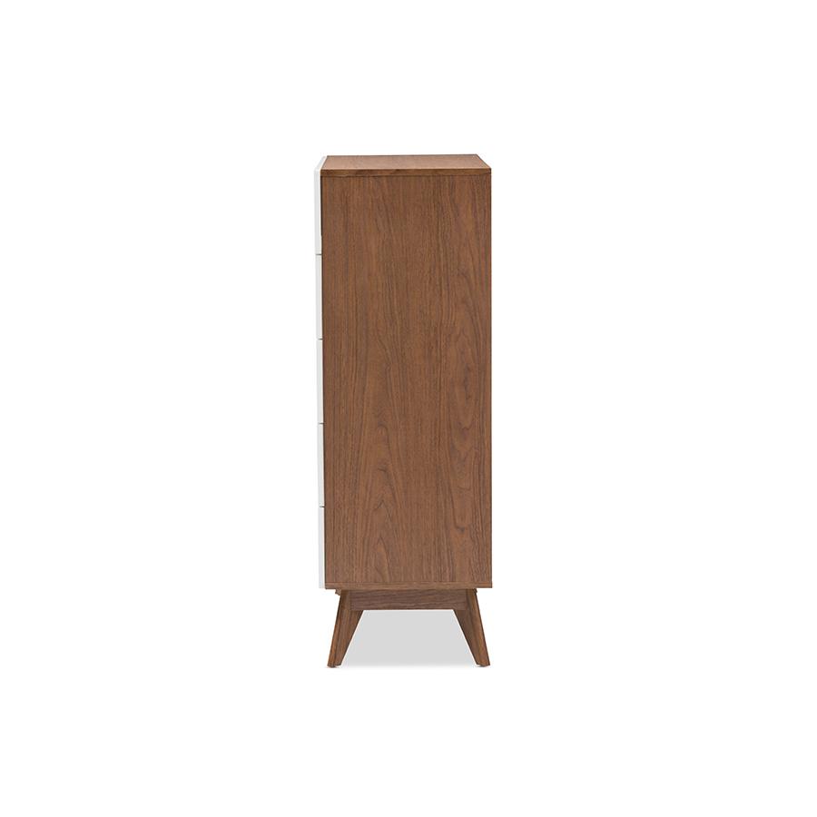 Calypso Mid-Century Modern White and Walnut Wood 5-Drawer Storage Chest. Picture 4