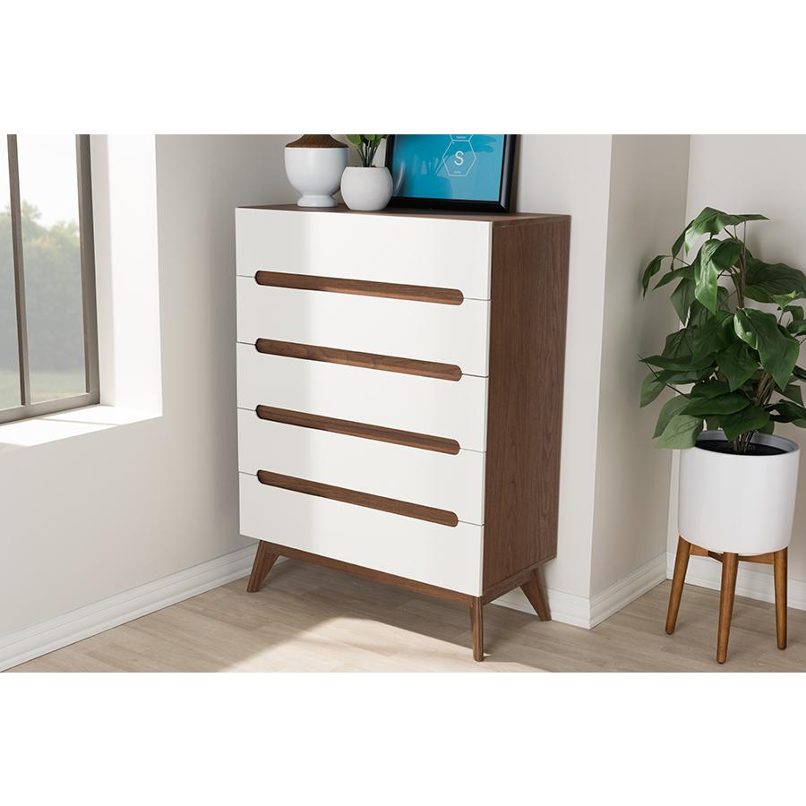 Calypso Mid-Century Modern White and Walnut Wood 5-Drawer Storage Chest. Picture 6