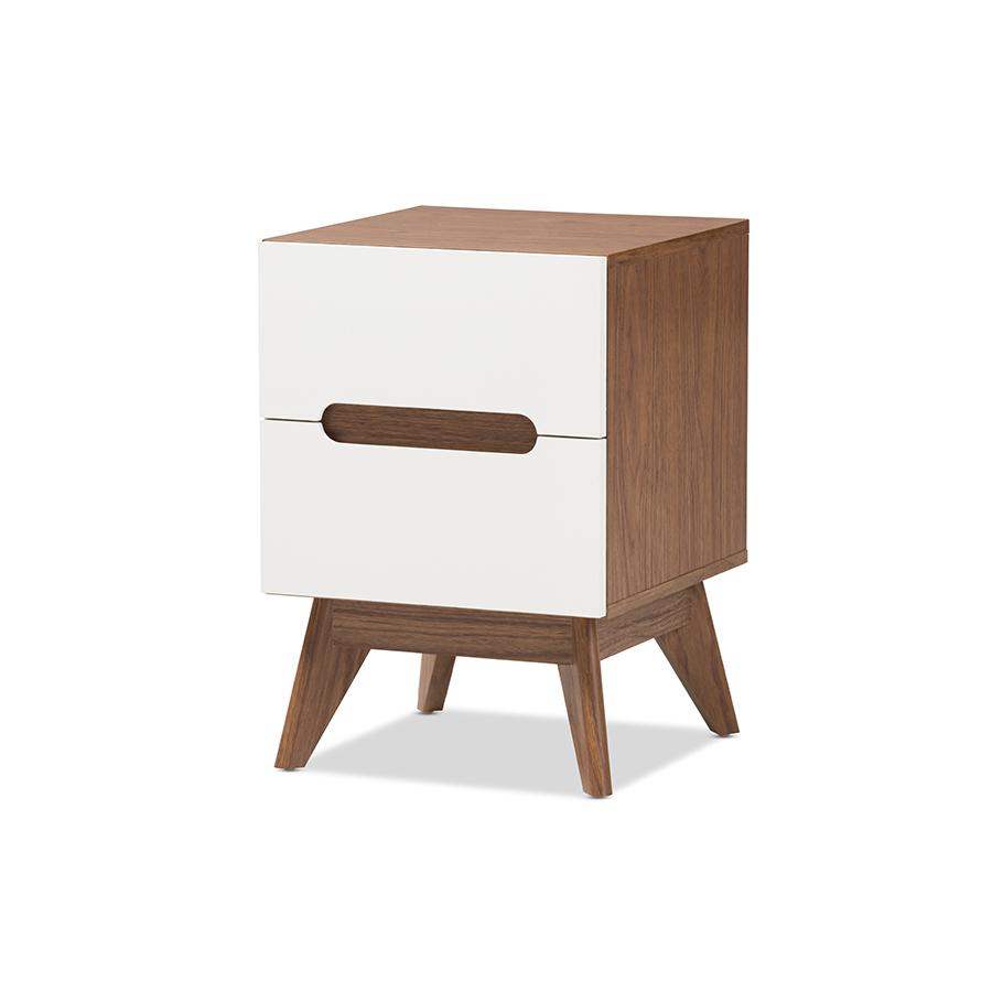 Calypso Mid-Century Modern White and Walnut Wood 3-Drawer Storage Nightstand. Picture 1