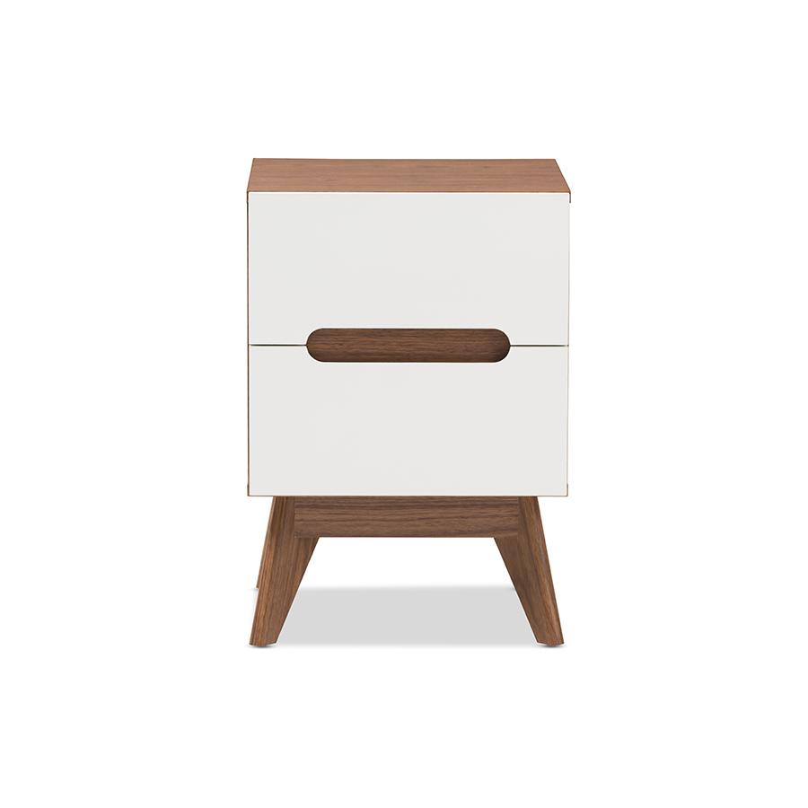 Calypso Mid-Century Modern White and Walnut Wood 3-Drawer Storage Nightstand. Picture 3