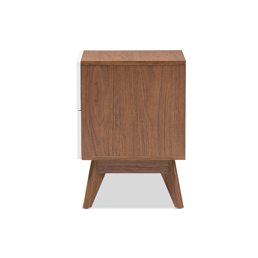 Calypso Mid-Century Modern White and Walnut Wood 3-Drawer Storage Nightstand. Picture 4