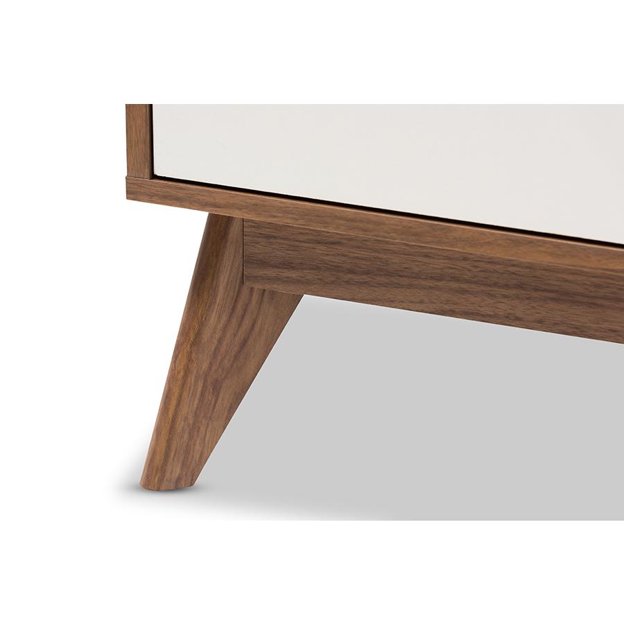 Calypso Mid-Century Modern White and Walnut Wood 3-Drawer Storage Nightstand. Picture 5