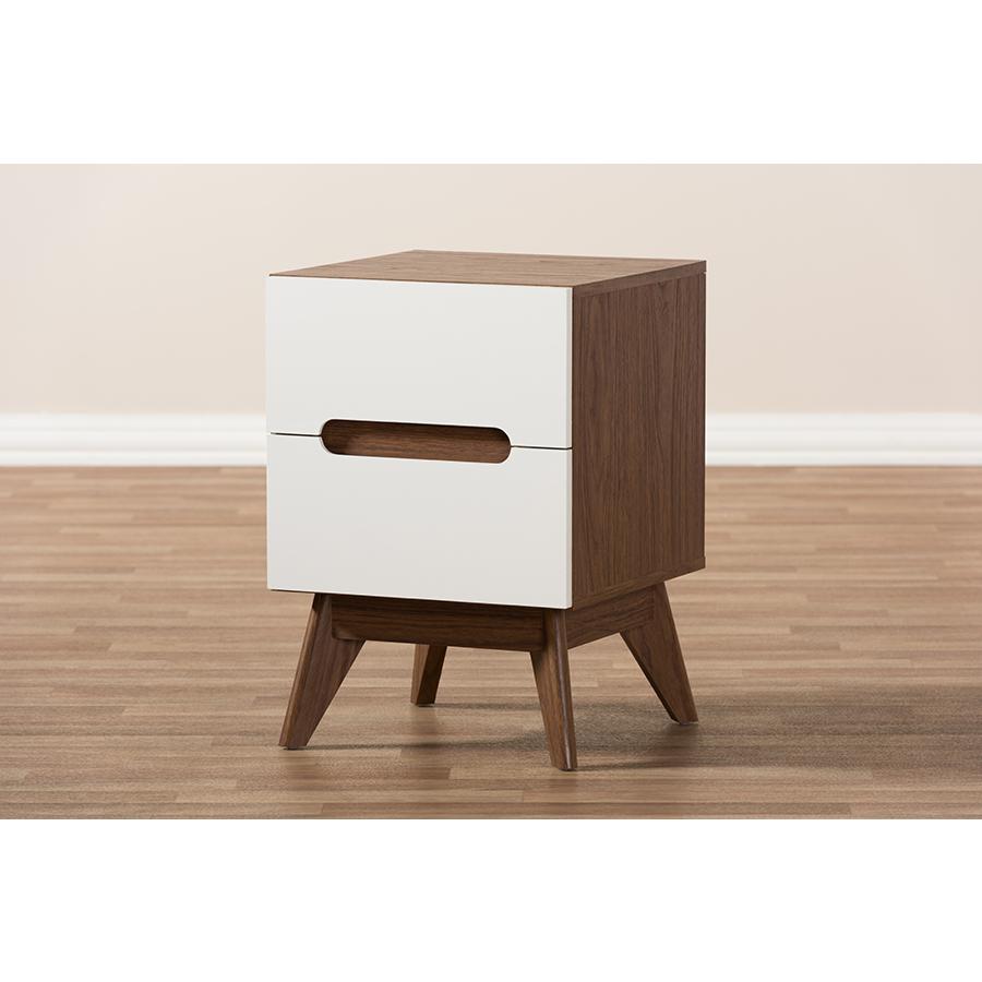 Calypso Mid-Century Modern White and Walnut Wood 3-Drawer Storage Nightstand. Picture 7