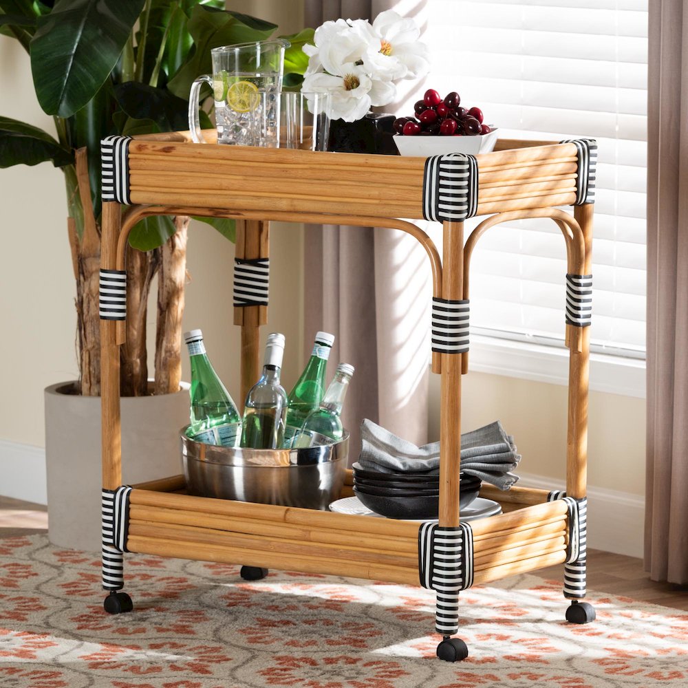 Carmine Natural Rattan Kitchen Cart - 2-Tier Handwoven Wicker Storage Trolley. Picture 7