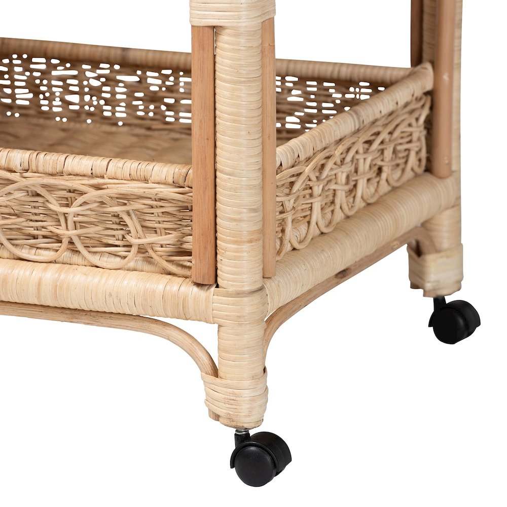 Carole Natural Rattan Kitchen Cart - 2-Tier Handwoven Wicker Storage Trolley. Picture 5
