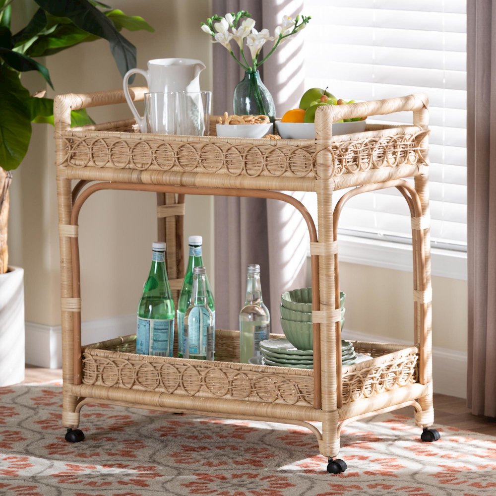 Carole Natural Rattan Kitchen Cart - 2-Tier Handwoven Wicker Storage Trolley. Picture 7