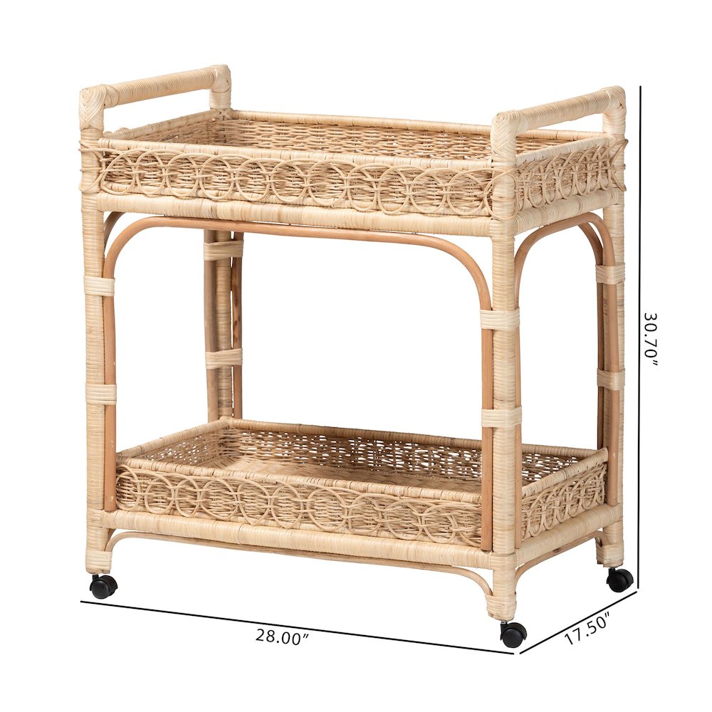 Carole Natural Rattan Kitchen Cart - 2-Tier Handwoven Wicker Storage Trolley. Picture 8