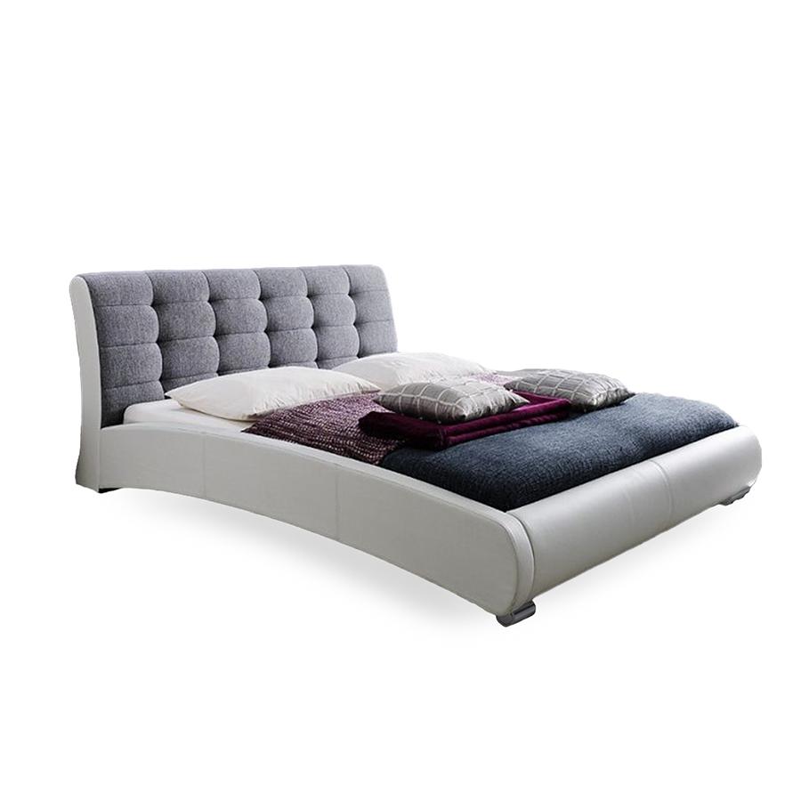 Guerin Contemporary White Faux Leather Grey Fabric Two Tone Upholstered Grid Tufted Queen-Size Platform Bed White/Grey. Picture 1