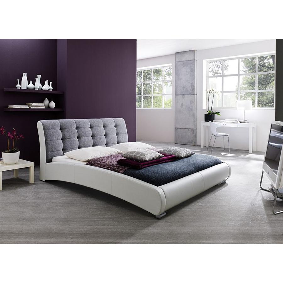 Guerin Contemporary White Faux Leather Grey Fabric Two Tone Upholstered Grid Tufted Queen-Size Platform Bed White/Grey. Picture 4