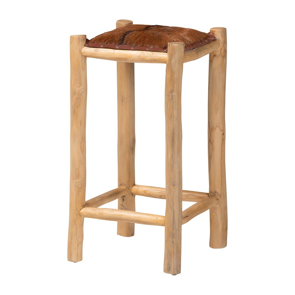 Rivera Genuine Goat Leather Counter Stool - Rustic Boho Seating with Teak Wood. Picture 1