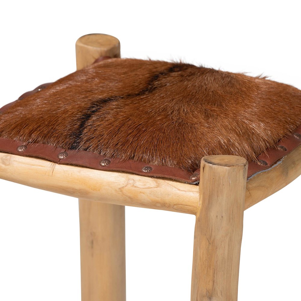 Rivera Genuine Goat Leather Counter Stool - Rustic Boho Seating with Teak Wood. Picture 3
