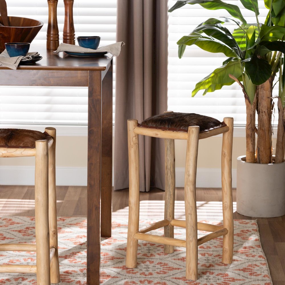 Rivera Genuine Goat Leather Counter Stool - Rustic Boho Seating with Teak Wood. Picture 7