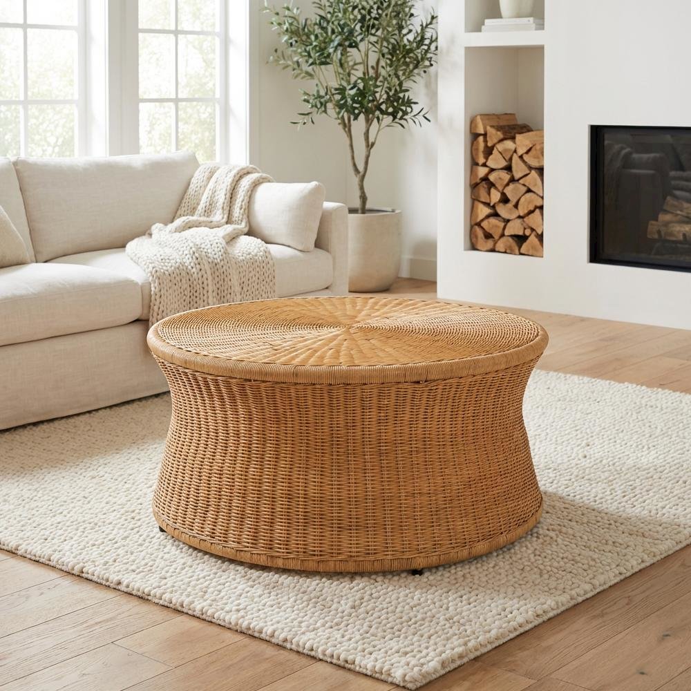 Genuine Rattan Round Coffee Table with Handwoven Wicker Drum Shape. Picture 3