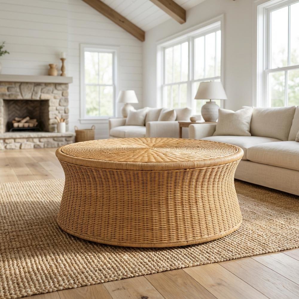 Genuine Rattan Round Coffee Table with Handwoven Wicker Drum Shape. Picture 2