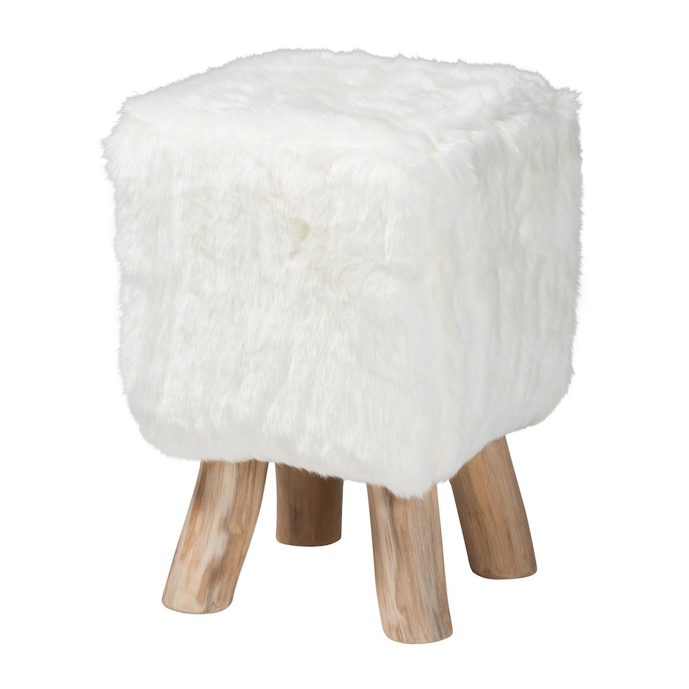 Scotlyn Faux Fur Footstool with Teak Wood Legs - Rustic Boho Accent, White. Picture 1