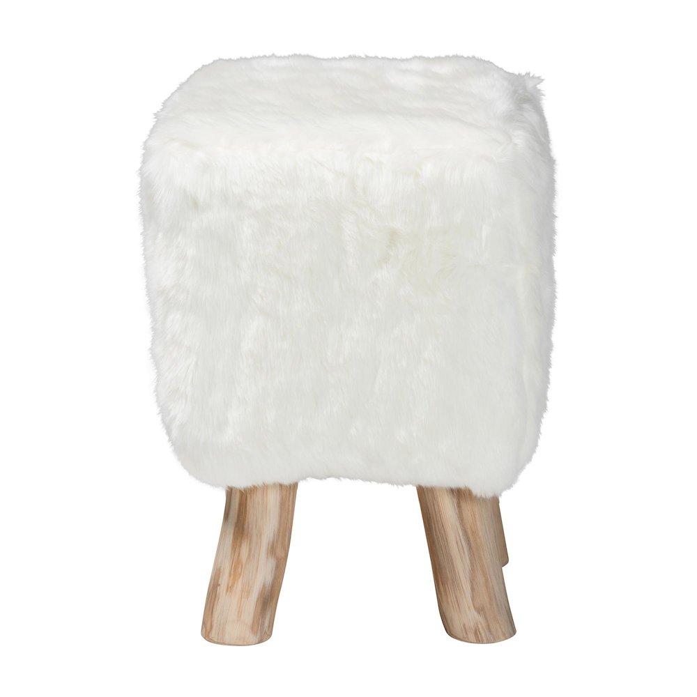 Scotlyn Faux Fur Footstool with Teak Wood Legs - Rustic Boho Accent, White. Picture 2