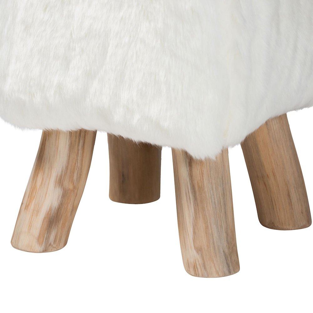 Scotlyn Faux Fur Footstool with Teak Wood Legs - Rustic Boho Accent, White. Picture 3