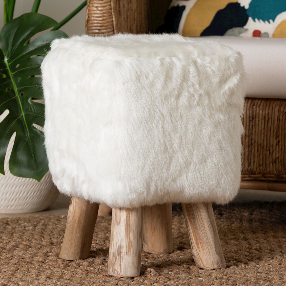 Scotlyn Faux Fur Footstool with Teak Wood Legs - Rustic Boho Accent, White. Picture 5