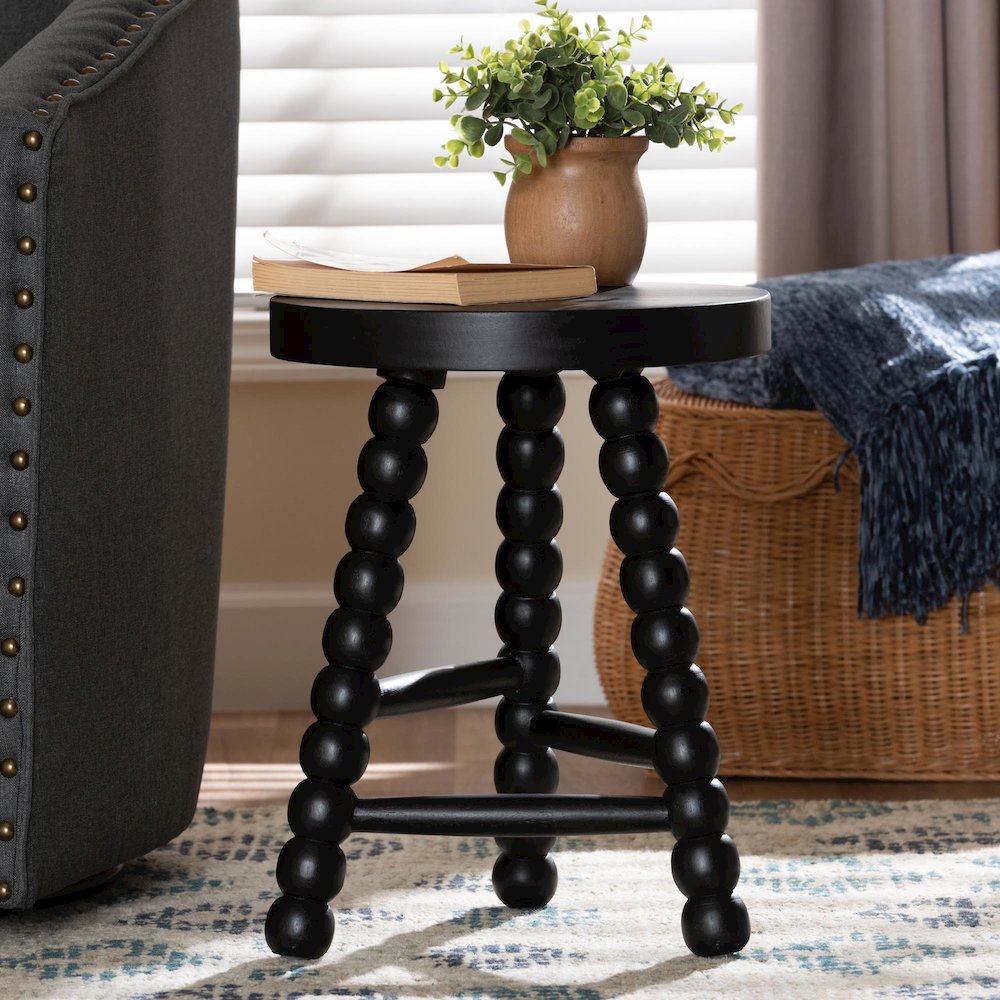 David Acacia Wood Multipurpose Accent Stool - Turned Bobbin Decorative, Black. Picture 6