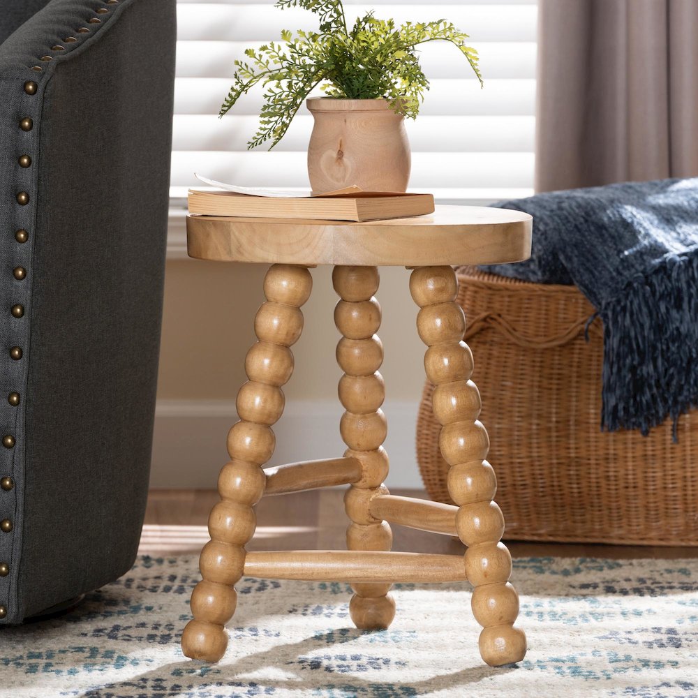 David Acacia Wood Multipurpose Accent Stool - Turned Bobbin, Natural Brown. Picture 6