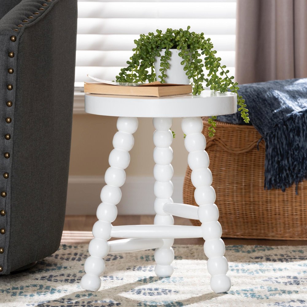 David Acacia Wood Multipurpose Accent Stool - Turned Bobbin Decorative, White. Picture 6