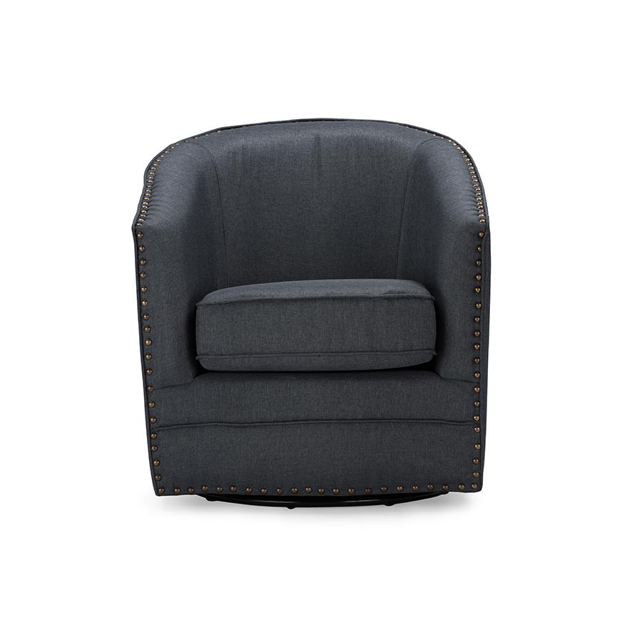 Classic Retro Grey Fabric Upholstered Swivel Tub Chair. Picture 5