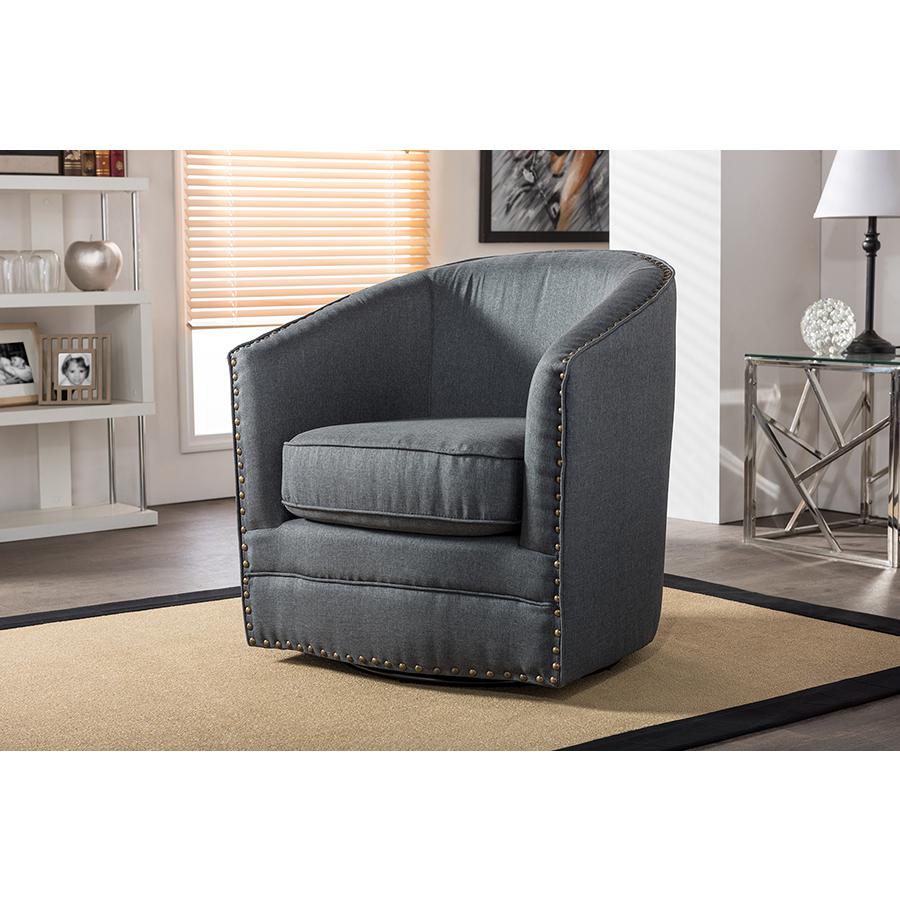 Classic Retro Grey Fabric Upholstered Swivel Tub Chair. Picture 4